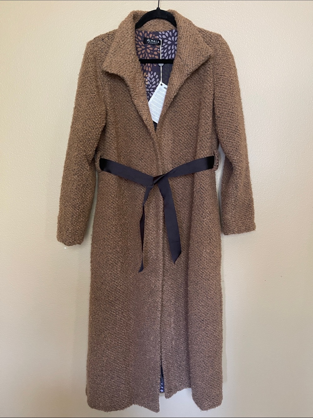 Almala Firenze Textured Brown Bouclé Trench Coat with Black Tie